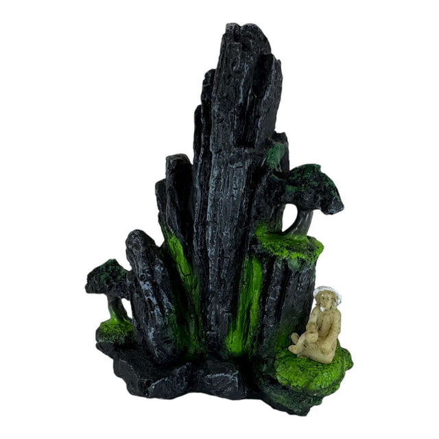 Old Man Next to Cliff aquarium ornament with realistic rock design and greenery, enhancing aquatic or terrarium decor.
