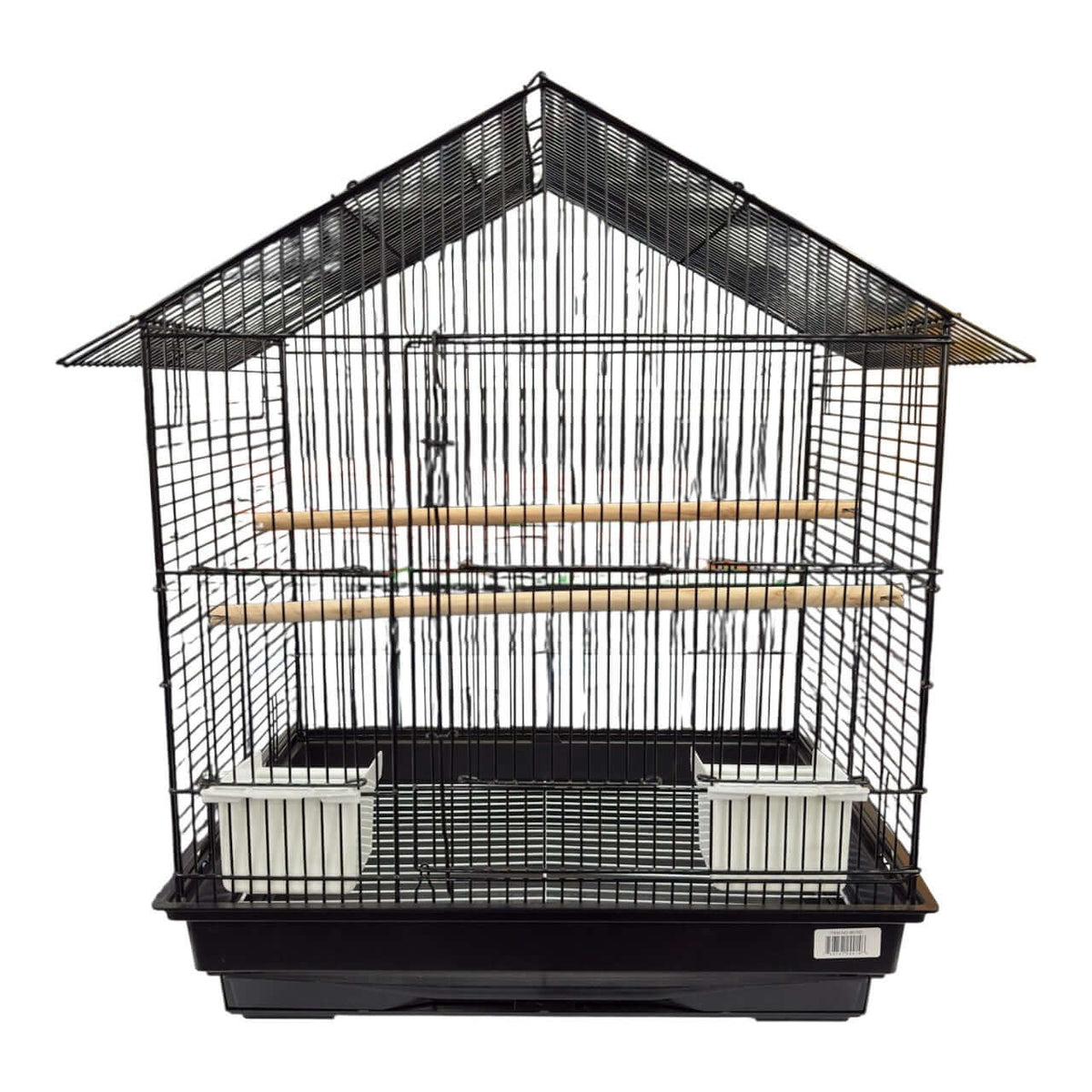 Bird Cage Budgie 48 x 36 x 56cm featuring a classic roof, wooden perches, and front feeding cups.