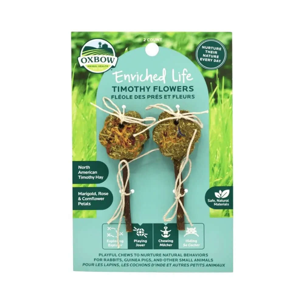 Oxbow Enriched Life Timothy Flowers natural chew and play accessory for small pets like rabbits and guinea pigs.