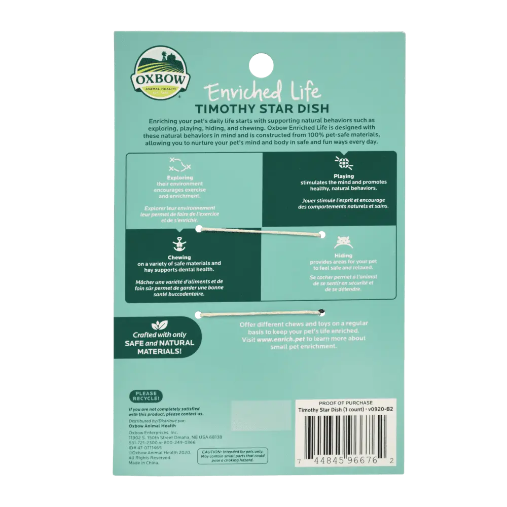 Oxbow Enriched Life Timothy Star Dish packaging promoting pet enrichment and natural behaviors.