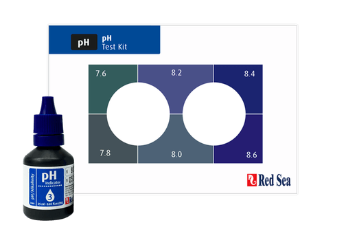 Red Sea MCP pH Alkalinity Test Kit with pH indicator and colorimetric chart for aquarium monitoring.