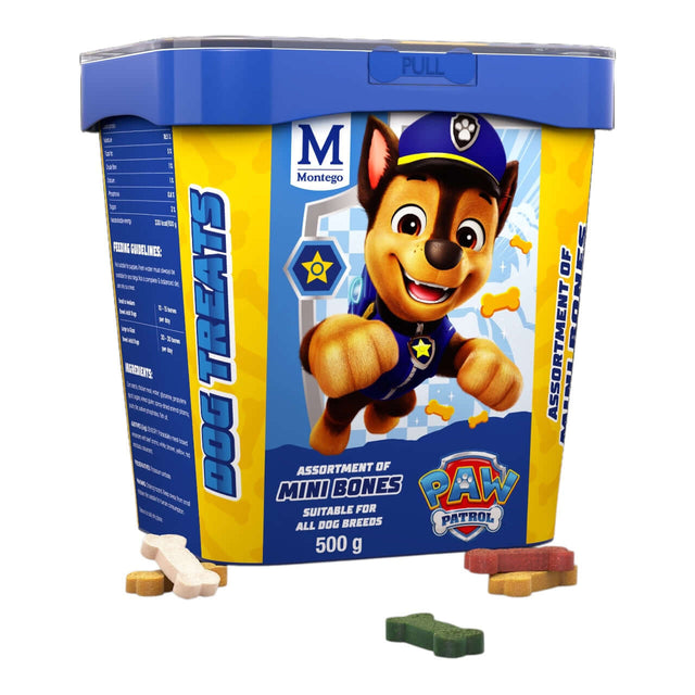 Paw Patrol Assortment Mini Bones dog treats packaging with colorful mini bone shapes for dogs.