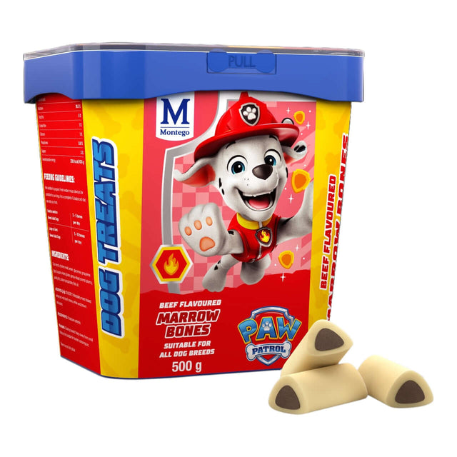 Paw Patrol Beef Marrow Bones dog treats in a colorful packaging suitable for all dog breeds, 500g.