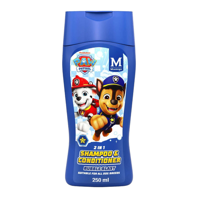 Paw Patrol Bubble Blast 2 in 1 Shampoo 250ml for dogs, combining shampoo and conditioner for a shiny, healthy coat.