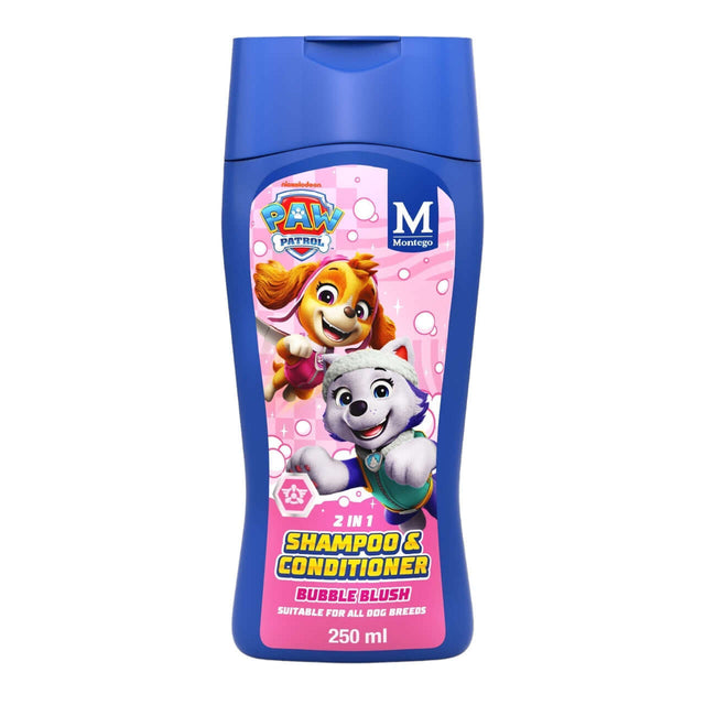 Paw Patrol Bubble Blush 2 in 1 Shampoo 250ml bottle, featuring paw patrol characters and suitable for all dog breeds.