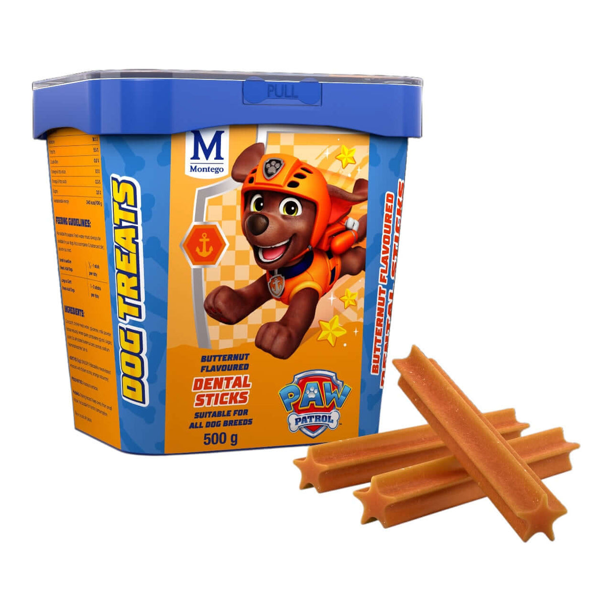 Paw Patrol Butternut Dental Sticks 500g dog treats in a colorful container with dental sticks visible.