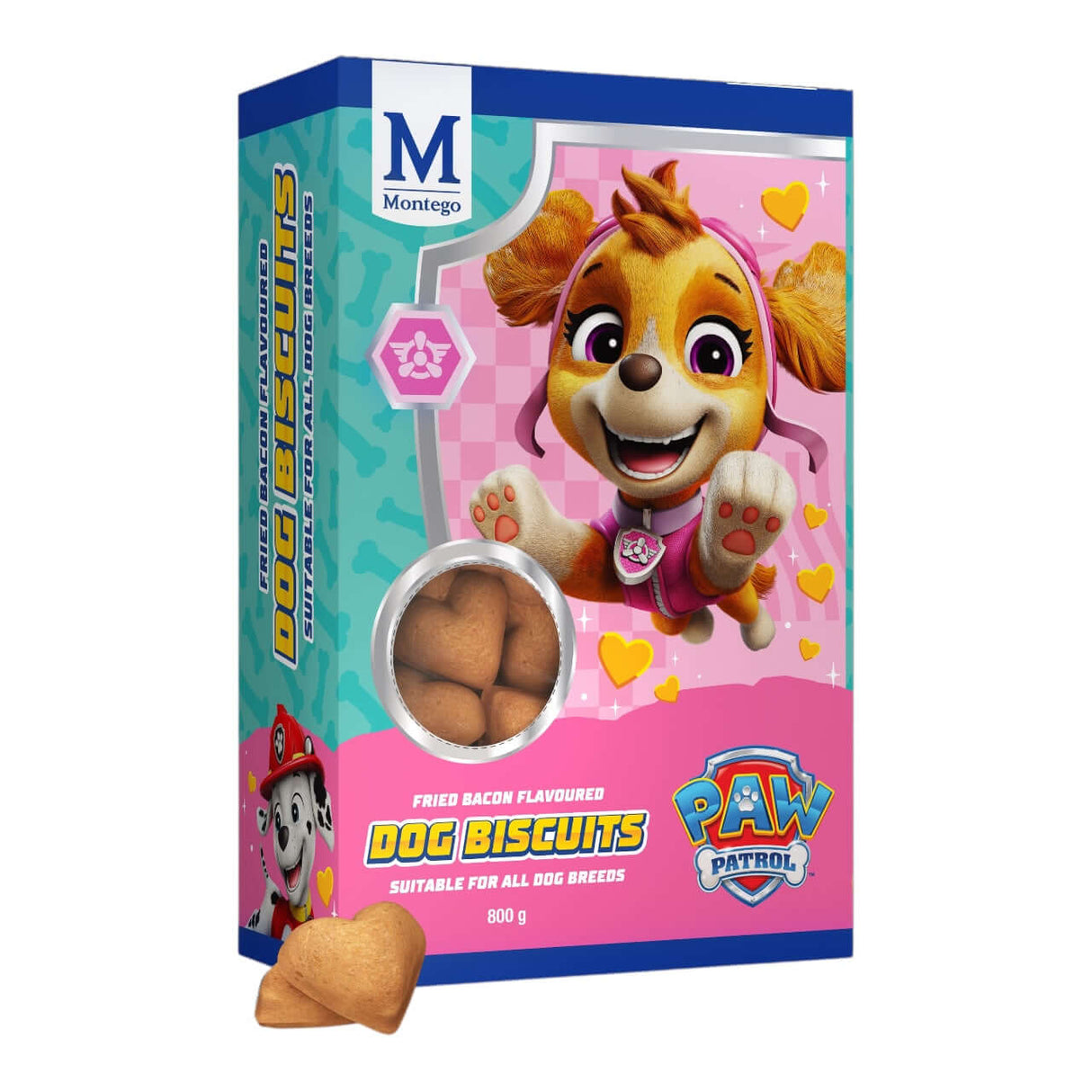 Paw Patrol Dog Biscuits 800g packaging featuring a playful dog character and tasty treats.