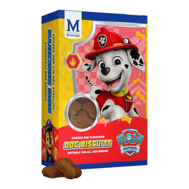 Paw Patrol Dog Biscuits 800g in a colorful box featuring a cartoon dog, suitable for all dog breeds.