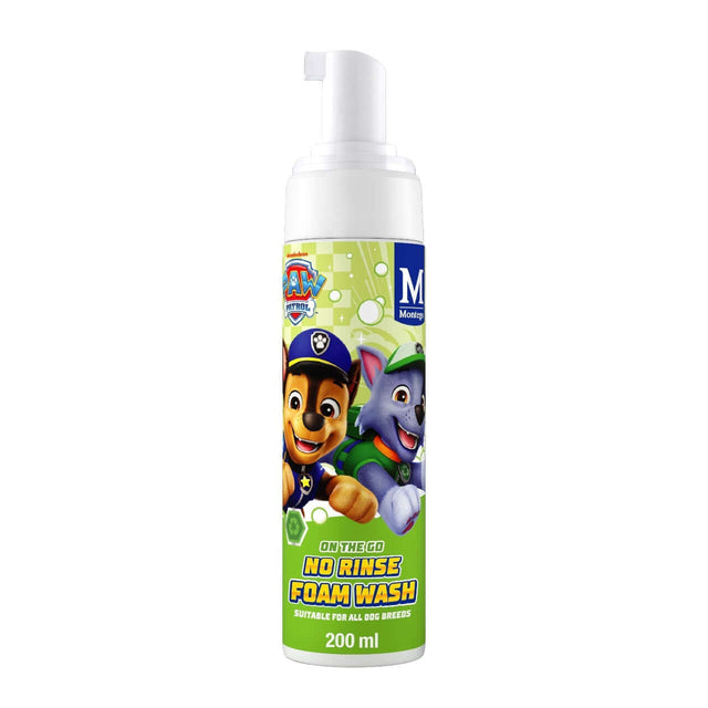 Paw Patrol No Rinse Foam Wash 200ml bottle featuring characters Chase and Marshall, perfect for dogs' grooming.