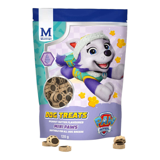 Paw Patrol Peanut Butter Mini Paws dog treats in a 120g bag, nutritious snack made with real peanut butter.