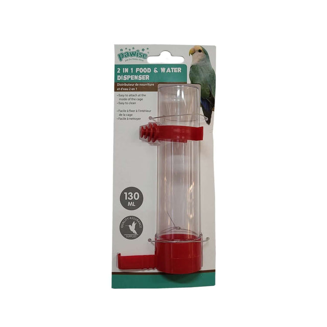 Pawise 2 in 1 Water and Food Dispenser 130ml, easy to attach, ideal for bird cages, red color, versatile feeding solution.