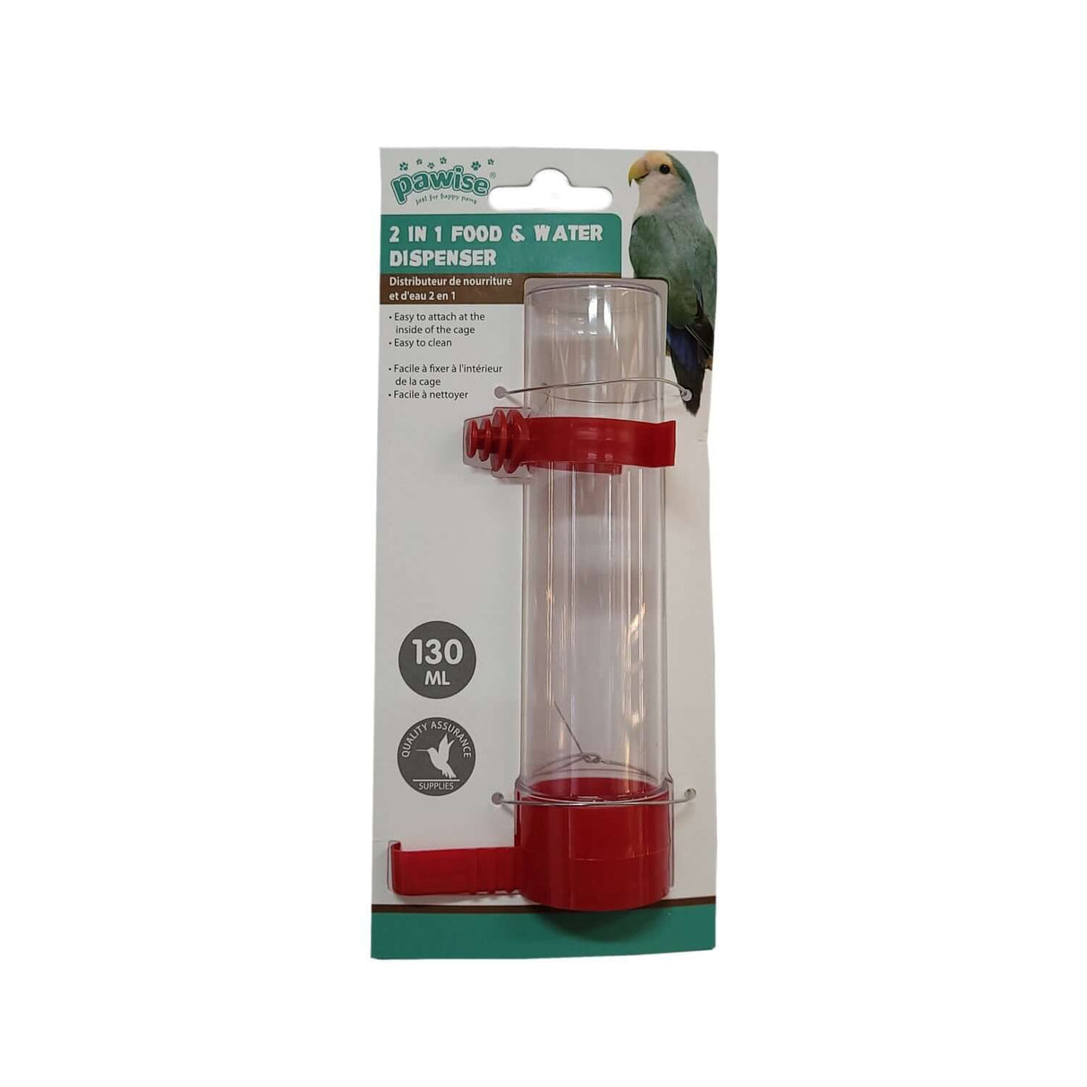 Pawise 2 in 1 Water and Food Dispenser 130ml, easy to attach, ideal for bird cages, red color, versatile feeding solution.