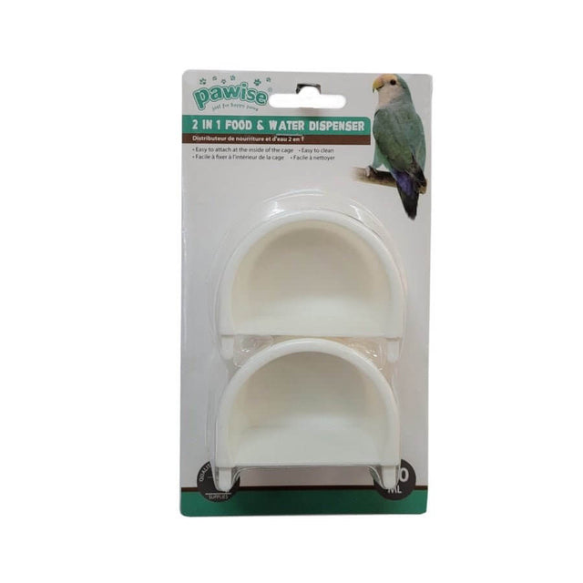 Pawise D-Shaped food and water bowl double pack for pets, easy to clean, 130ml capacity, ideal for cage attachment.