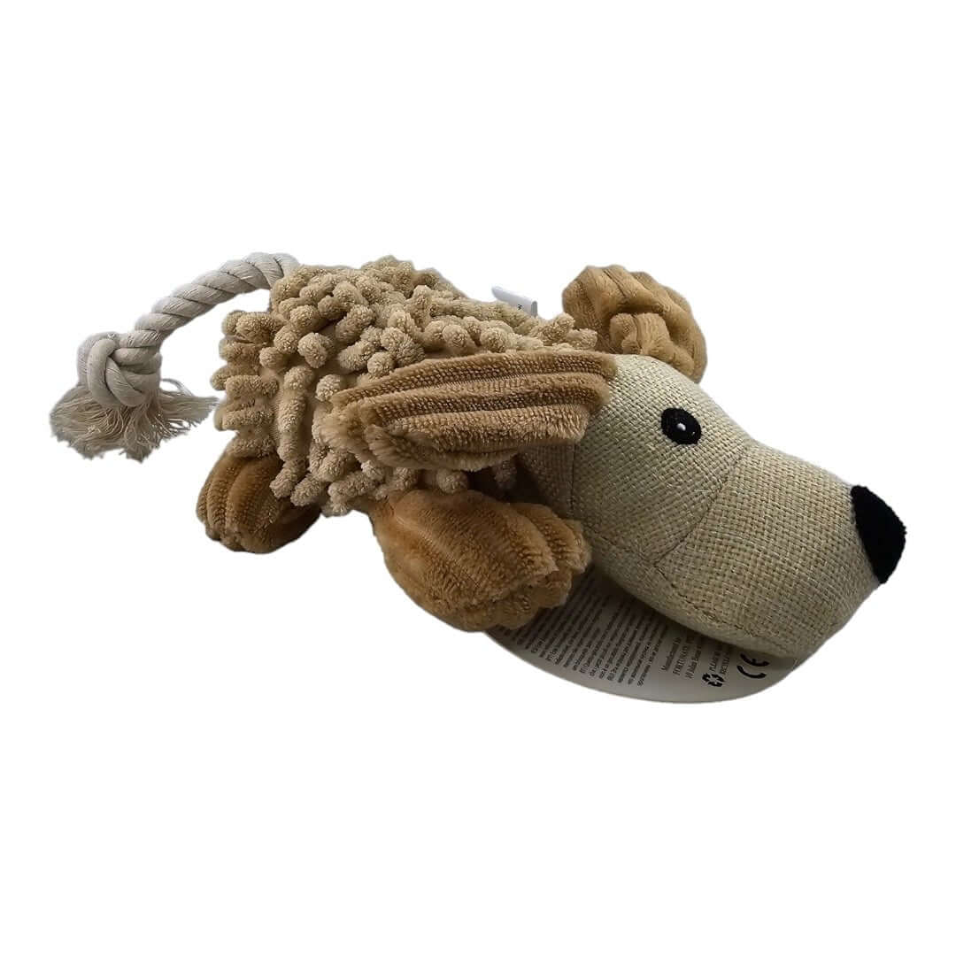 Pawise dog molar toy in the shape of a lion with a rope, perfect for squeaking and chewing fun for pets.