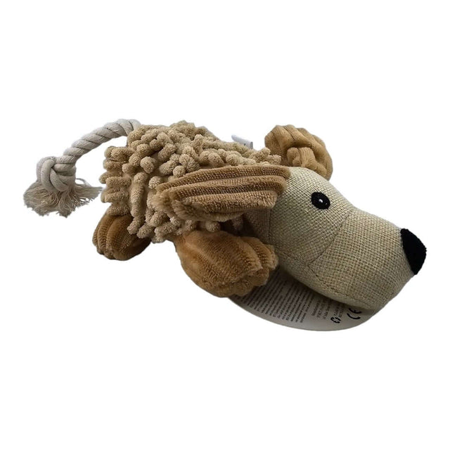 Pawise dog molar toy in the shape of a lion with a rope, perfect for squeaking and chewing fun for pets.