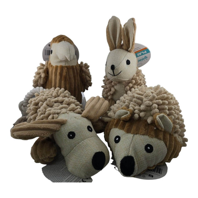 Pawise Dog Molar Toys featuring a hedgehog, rabbit, bird, and dog soft toys in neutral colors. Squeaky and fun for pets.