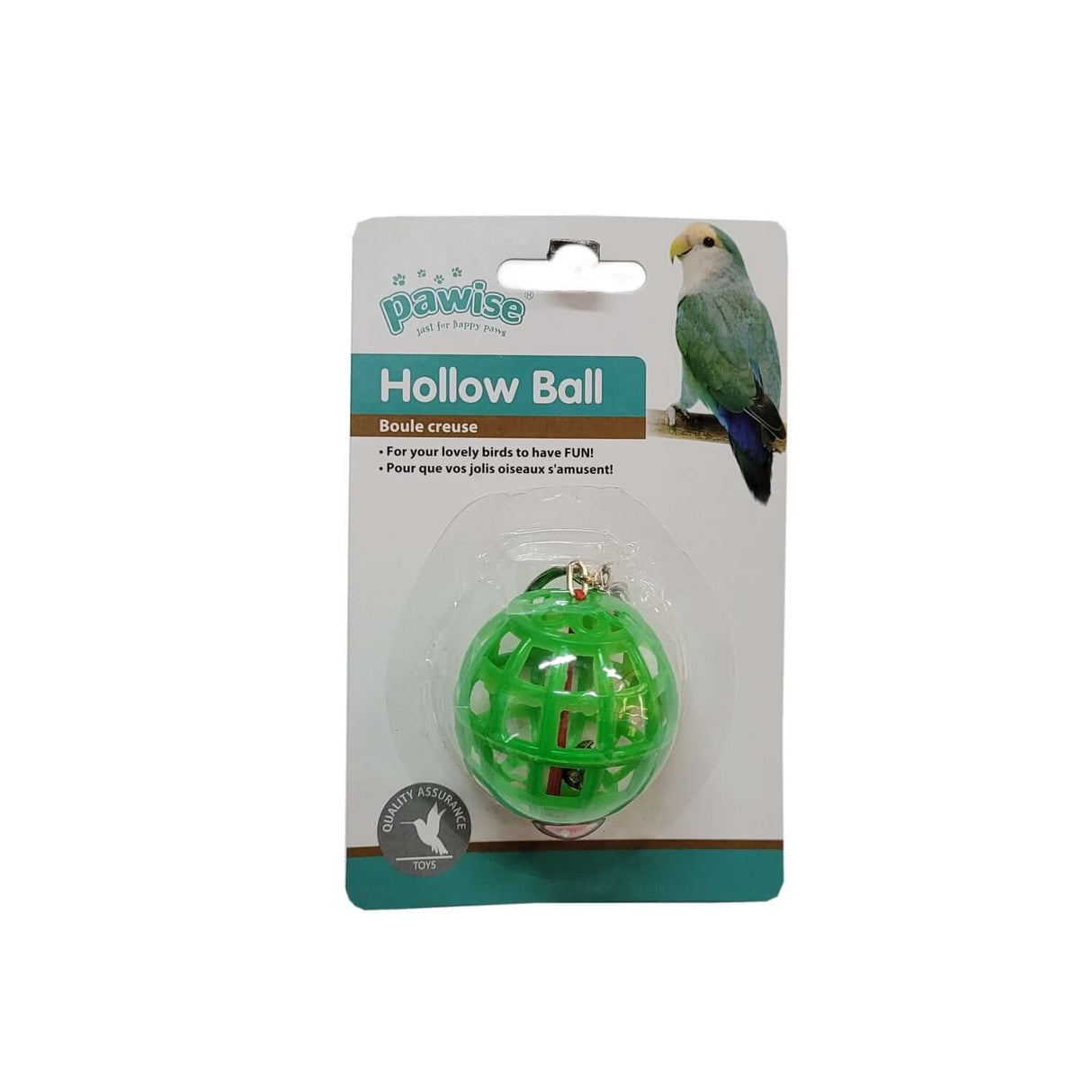 Pawise Hollow Ball Bird Toy in green packaging, designed for bird entertainment and fun. Color selection is random.