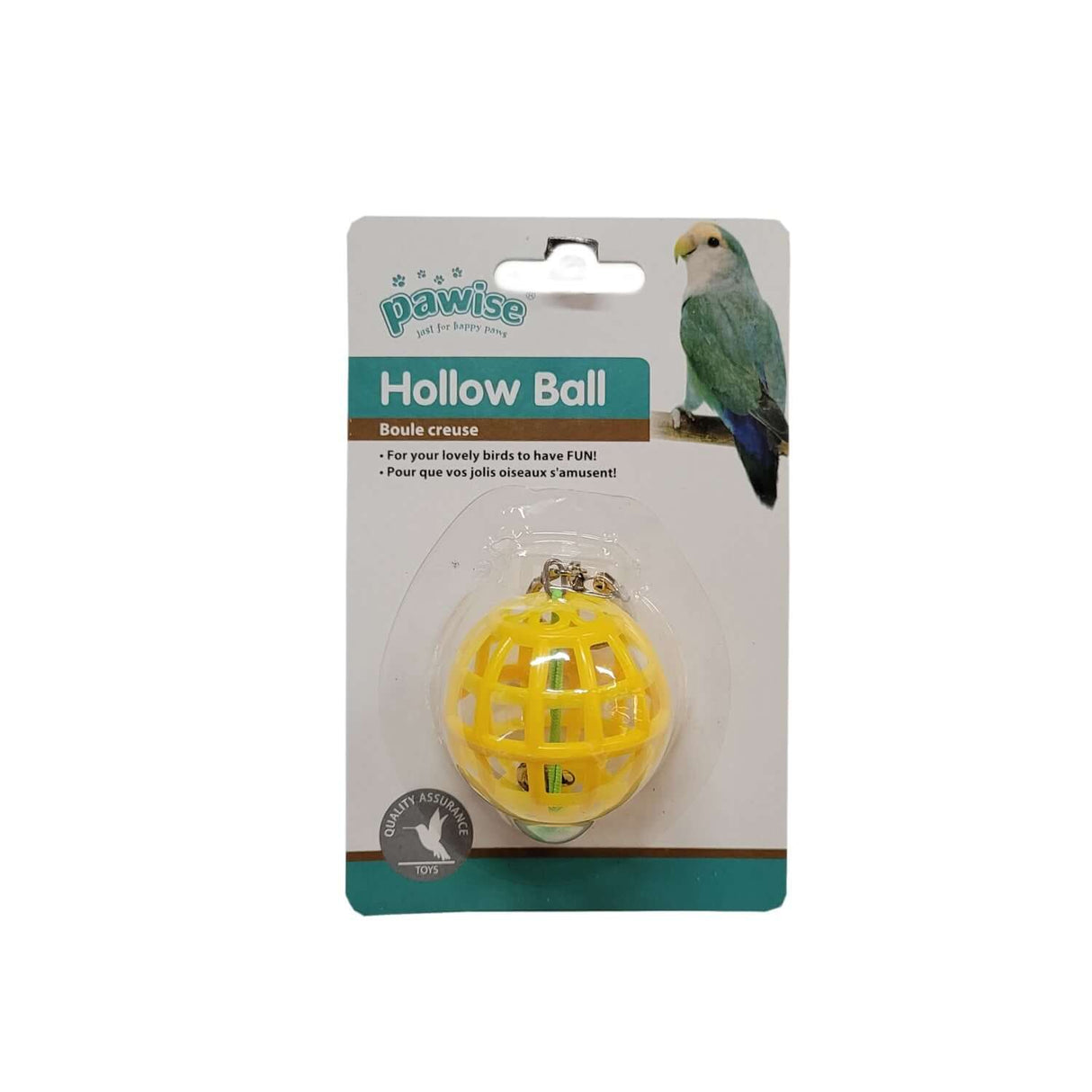 Pawise Hollow Ball Bird Toy in yellow packaging designed for bird entertainment and engagement.