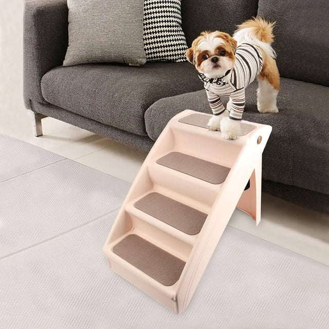 Small dog using Pawise Pet Steps to reach the couch, enhancing mobility and safety for pets up to 55kg.