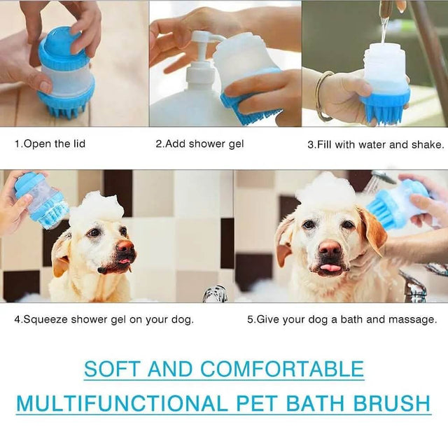 Steps to use Pawise Pet Washer for a comfortable dog bath with shower gel and massage.