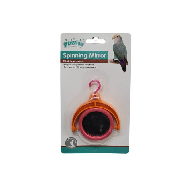 Pawise Spinning Mirror Bird Toy package showcasing colorful design and features for bird entertainment.
