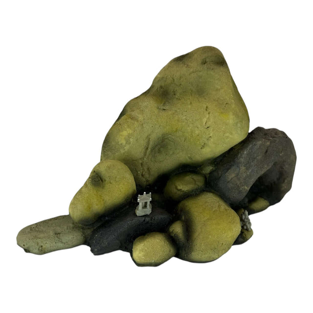 Pebble Rock Mountain Aquarium Ornament with realistic textures in olive-green and brown-gray tones.