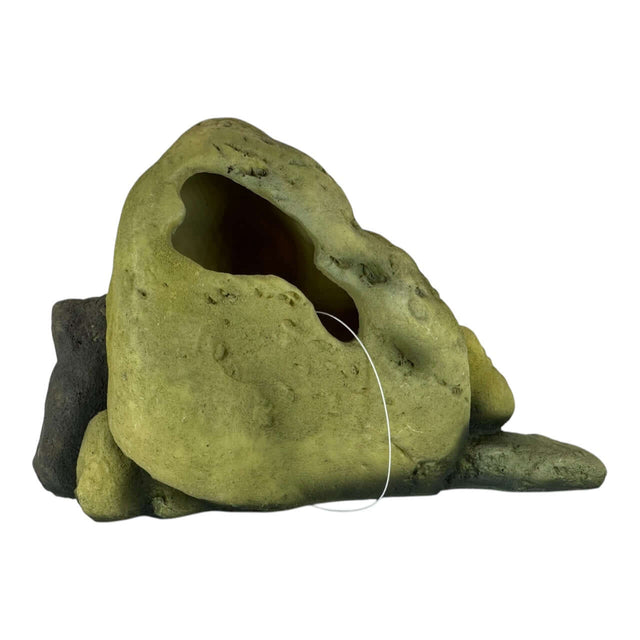 Pebble Rock Mountain Aquarium Ornament with natural textures in olive-green and brown hues for aquascaping.