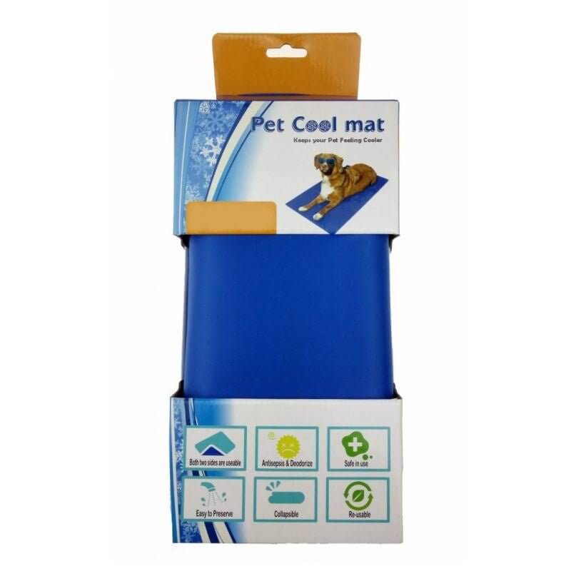 Pet Cooling Mat packaging showcasing features like reusable, collapsible design and both sides usable for pet comfort.