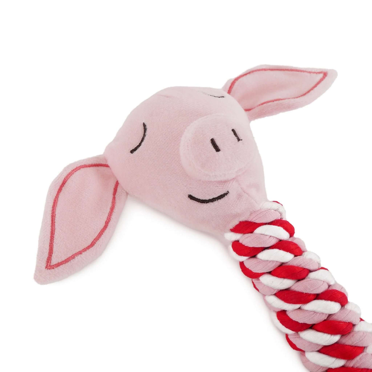 Plush pig in blanket dog toy with rope, designed for playful and engaging dog entertainment.