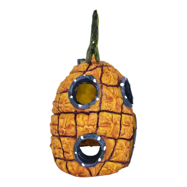 Vibrant pineapple-shaped aquarium ornament with detailed design and openings for fish to explore.