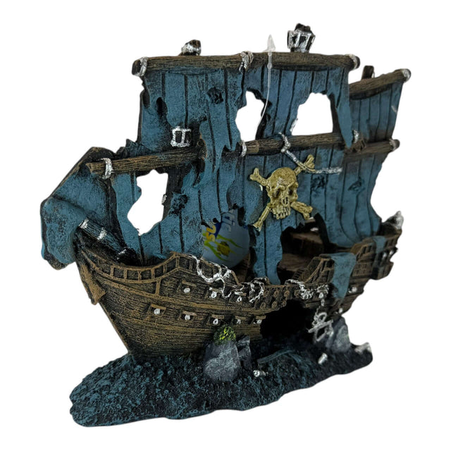 Pirate shipwreck aquarium ornament with vibrant teal and weathered wood, featuring realistic damage and aged metal accents.
