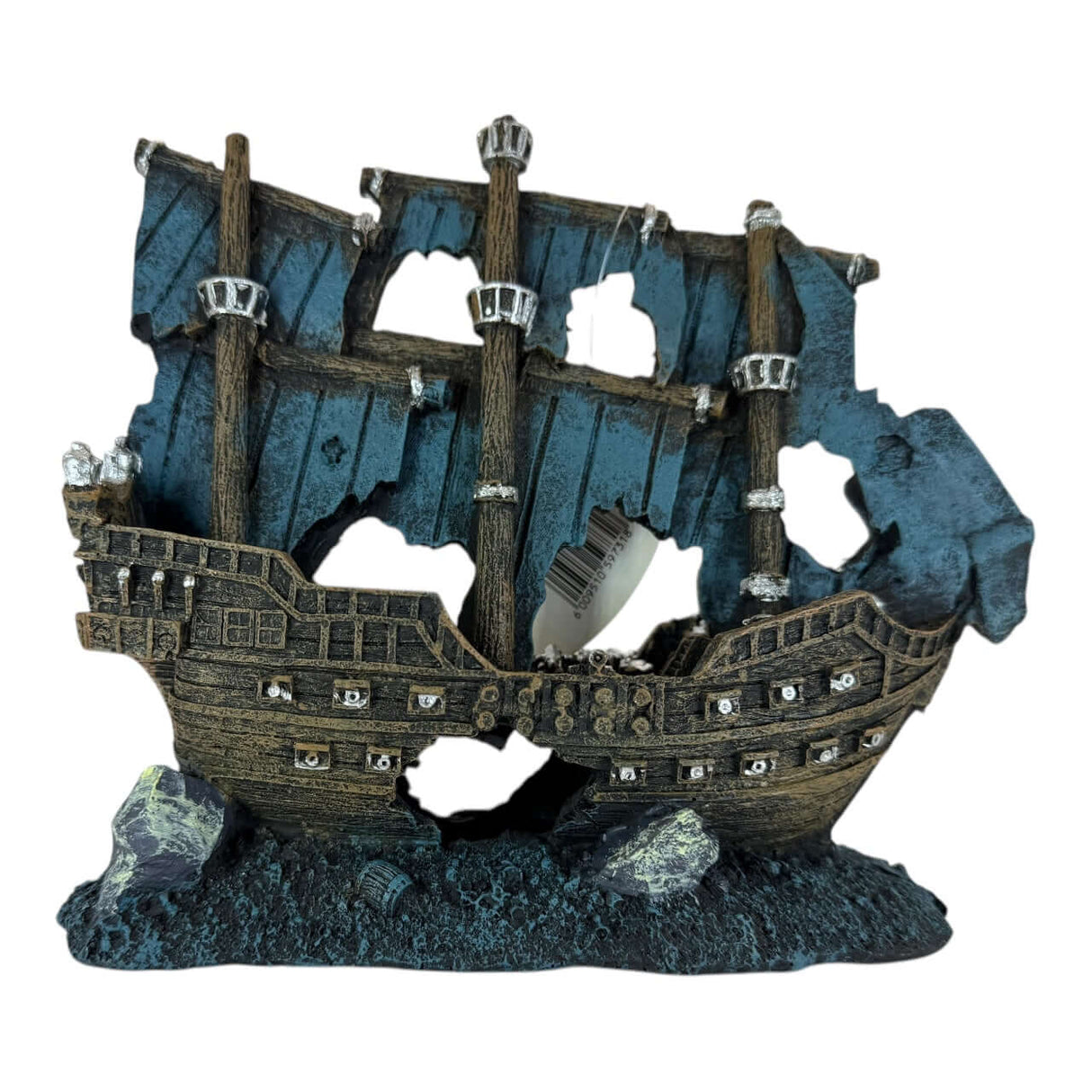 Intricately designed pirate shipwreck aquarium ornament with vibrant teal and weathered wood tones.