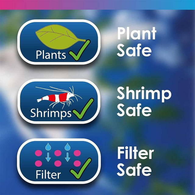 Icons showing plant safe, shrimp safe, and filter safe features for aquarium treatments.
