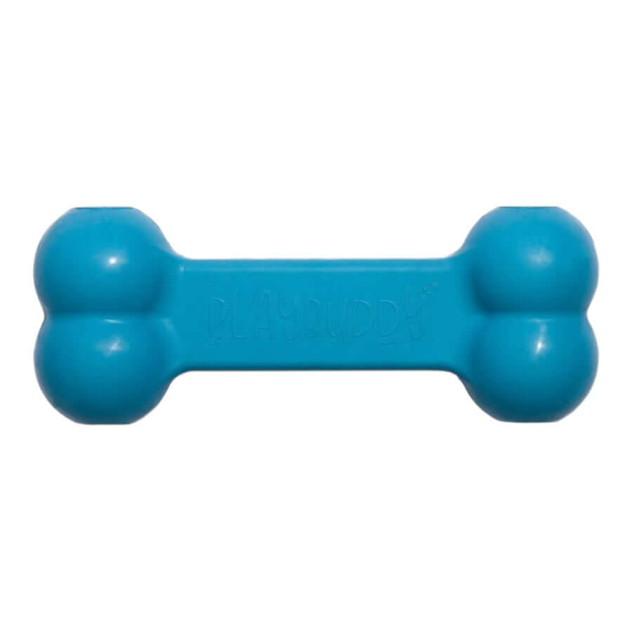 PlayBuddy Rubber Play Bone chew toy in vibrant blue, made from durable, non-toxic food-grade rubber for safe pet play.