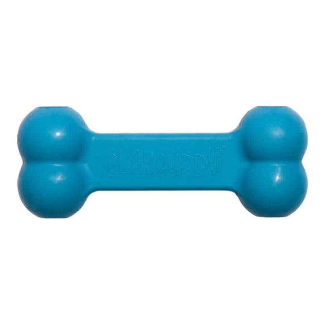 PlayBuddy Rubber Play Bone chew toy in vibrant blue, made from durable, non-toxic food-grade rubber for safe pet play.