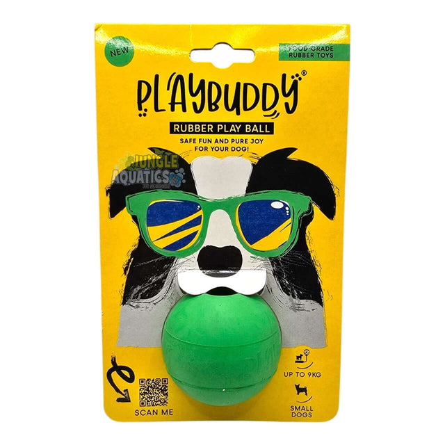 Playbuddy Rubber Ball for dogs in green packaging, featuring a playful dog design with sunglasses.