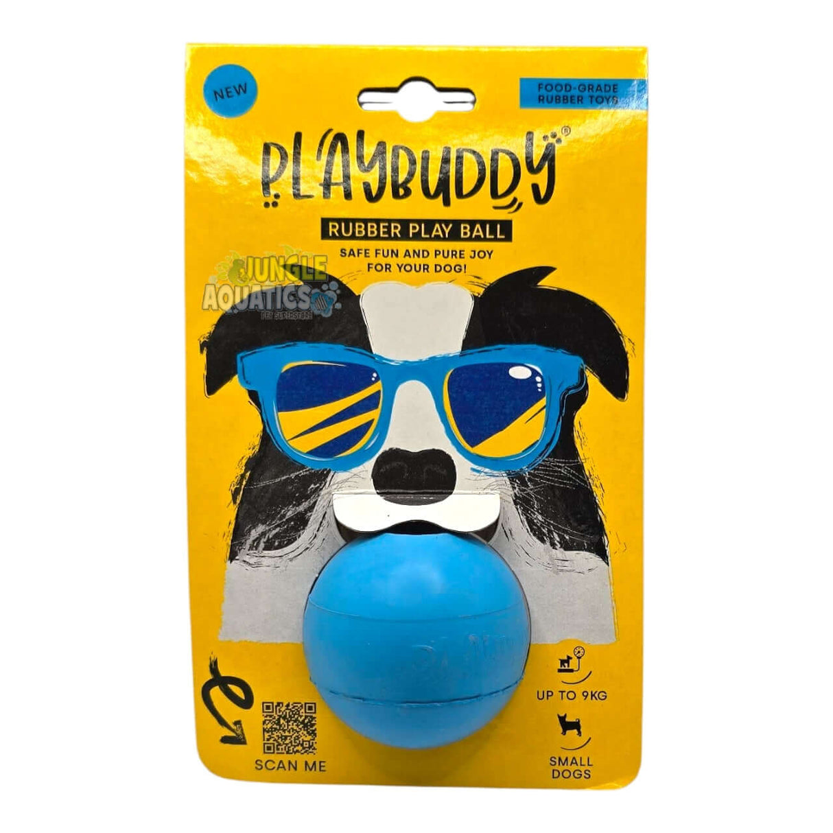 Playbuddy Ball in vibrant packaging, safe, food-grade rubber toy for small dogs, designed for fun fetch games.