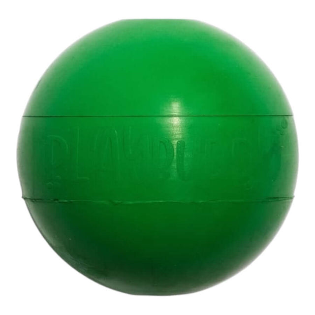 Playbuddy Rubber Ball in vibrant green color for fun fetch games, crafted from safe, non-toxic rubber.