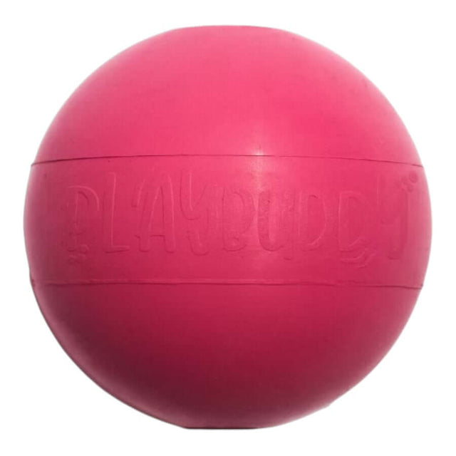 Playbuddy Ball in vibrant pink color, made from durable, non-toxic rubber for safe dog play.