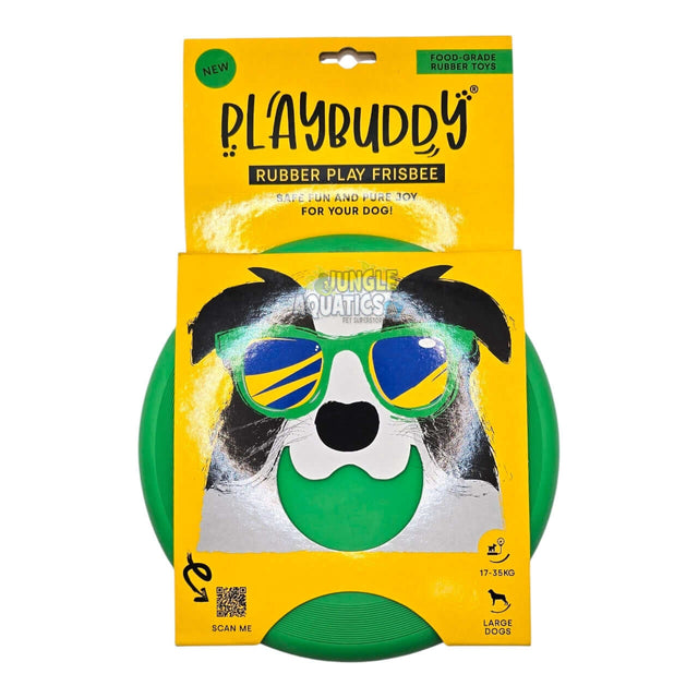 Playbuddy rubber play frisbee for dogs, fun outdoor toy, food-grade material, perfect for parks and backyards.