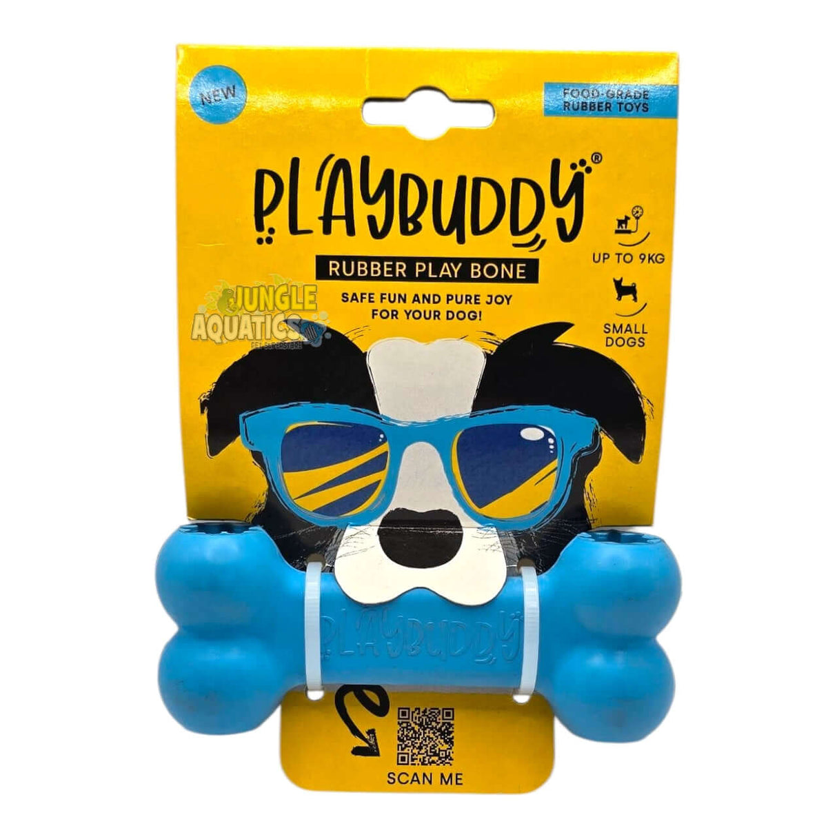 Playbuddy Rubber Play Bone toy for small dogs, blue color, safe and durable food-grade rubber design.