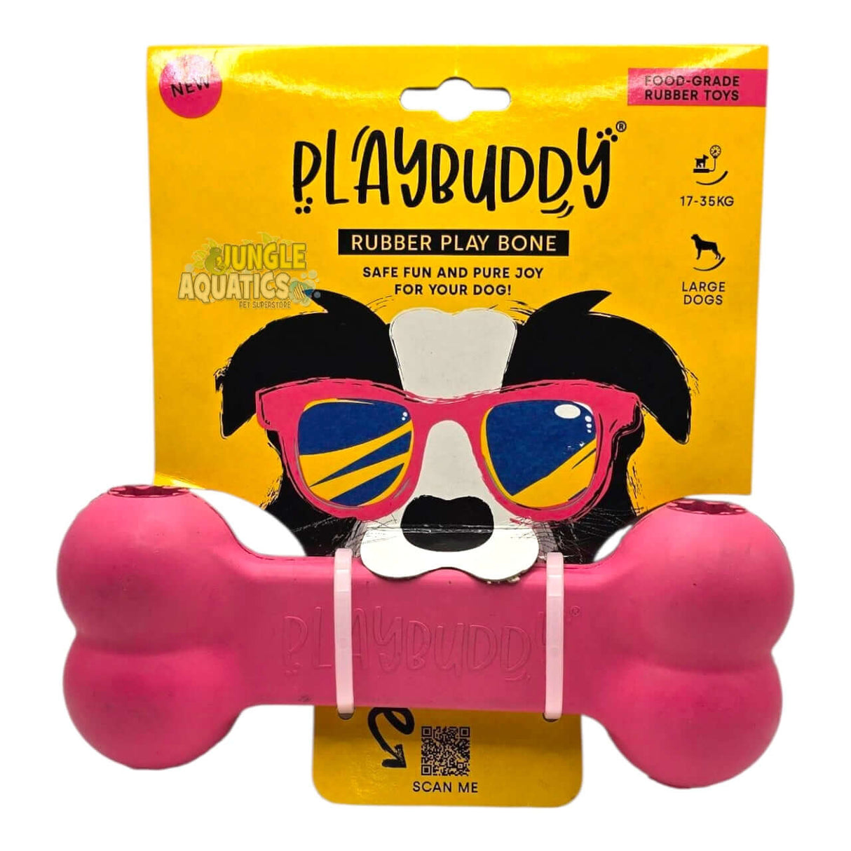 PlayBuddy Rubber Play Bone in pink packaging, a durable, non-toxic chew toy for large dogs.