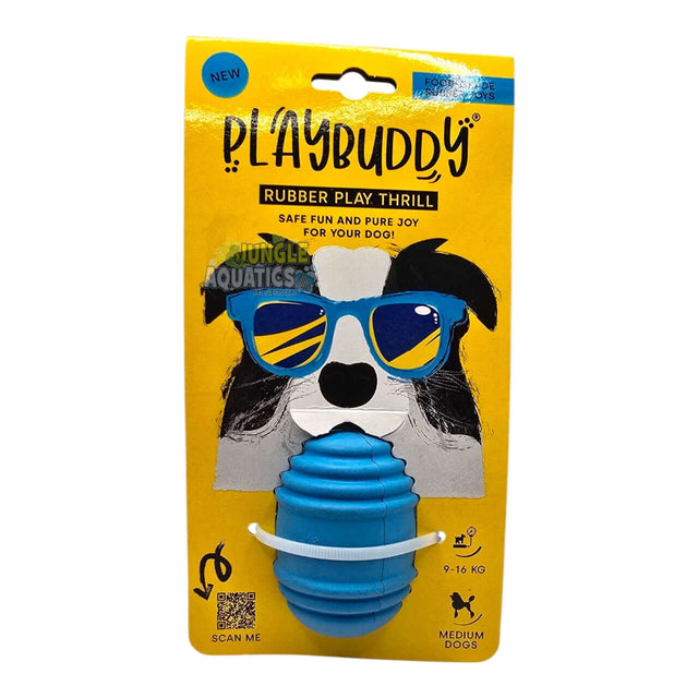 Playbuddy Rubber Play Thrill toy for dogs, blue, designed for fun and mental stimulation, on a bright package.