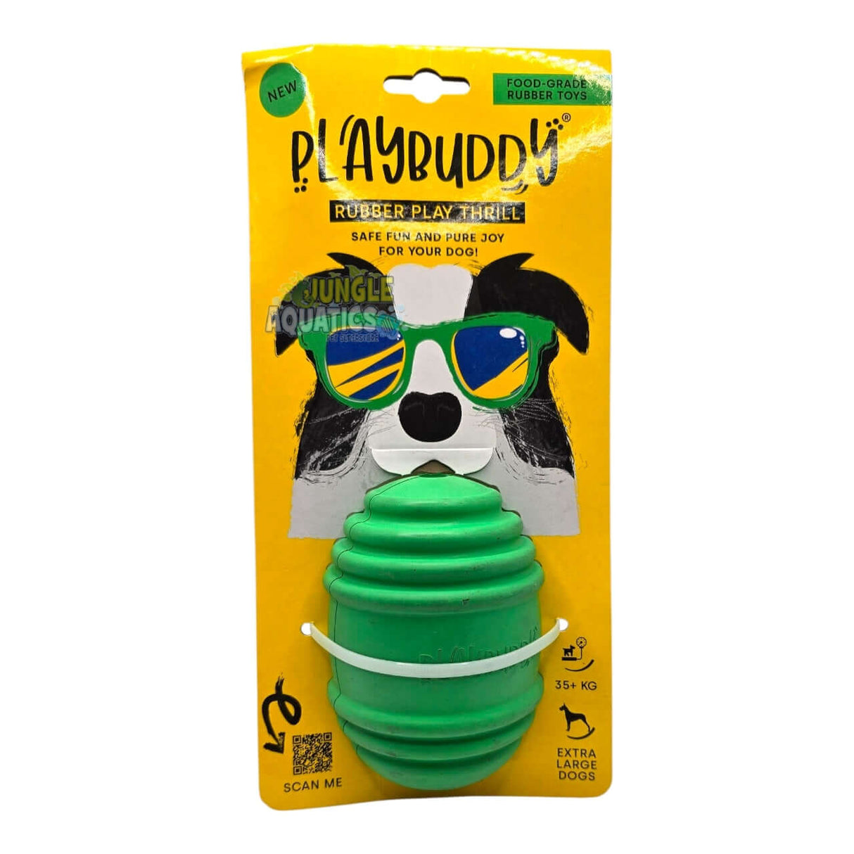 Playbuddy Thrill rubber toy for dogs, food-grade, safe, durable, and designed for unpredictable bouncing fun.