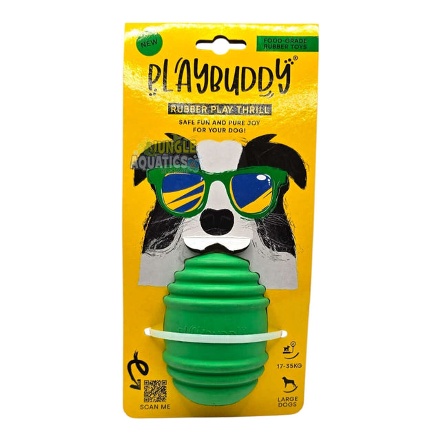 Playbuddy Rubber Thrill dog toy in green packaging, designed for fun and mental stimulation for dogs.