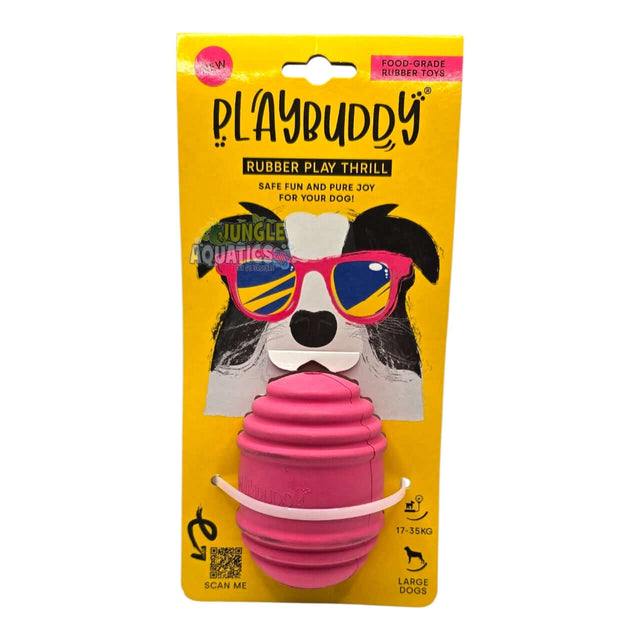 Playbuddy Rubber Thrill in pink packaging for dogs, safe food-grade rubber, irregular shape for unpredictable bouncing.