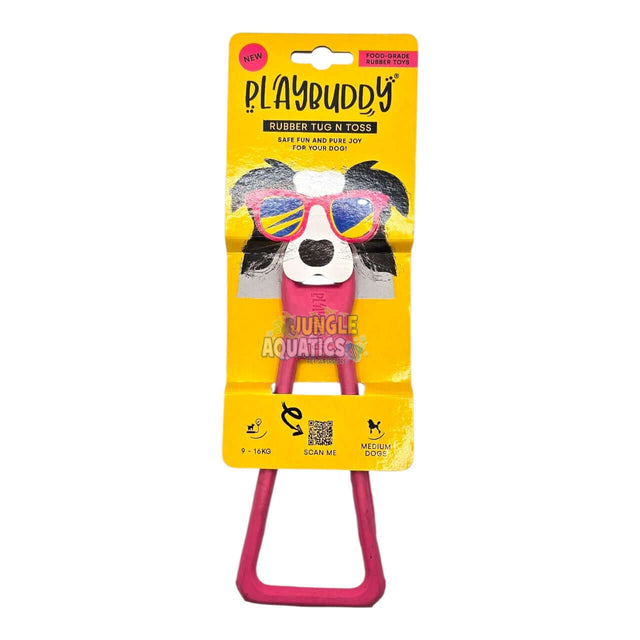 Playbuddy Tug and Toss toy for dogs, designed for durability and exciting tug-of-war games, featuring fun packaging.