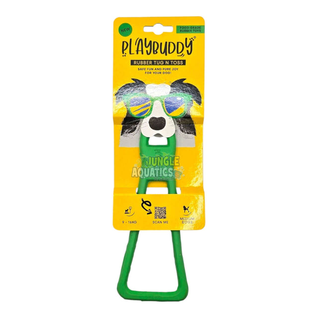 Playbuddy Tug and Toss dog toy package featuring a durable rubber design for tug-of-war games.