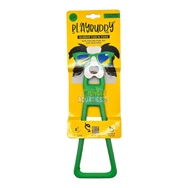 Playbuddy Tug and Toss rubber dog toy in green packaging, designed for tough tugging games and dog fun.