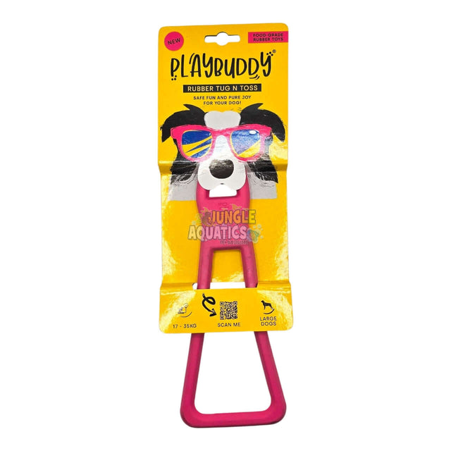 Playbuddy Tug and Toss toy for dogs, featuring a durable rubber design and fun packaging, ideal for tug-of-war play.